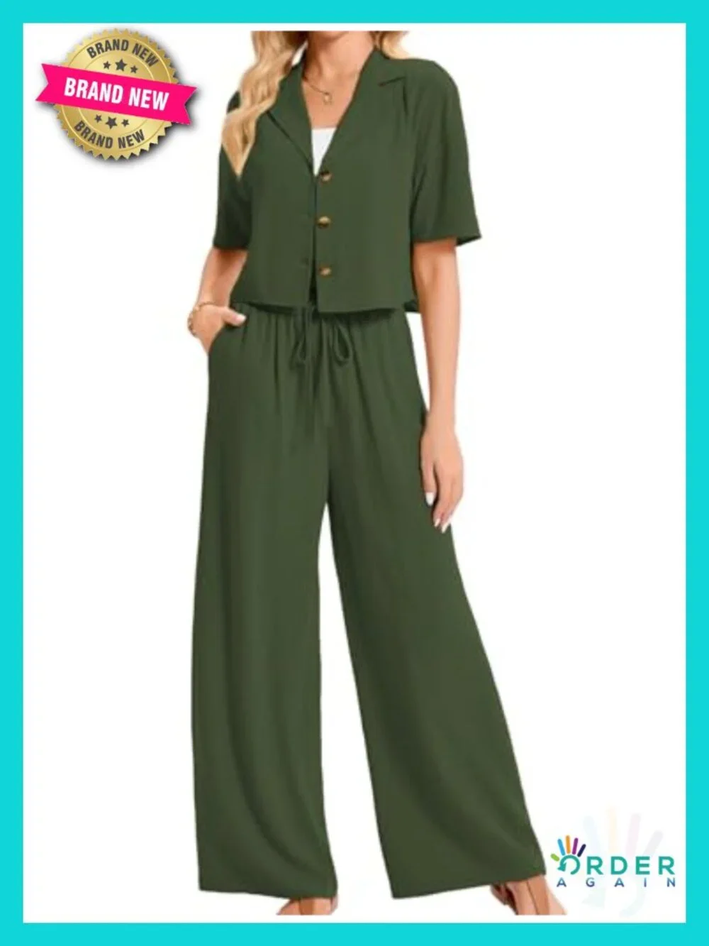 Linen 2 Piece Set Short Sleeve Shirt Wide Leg Pants Business Casual Matching Set